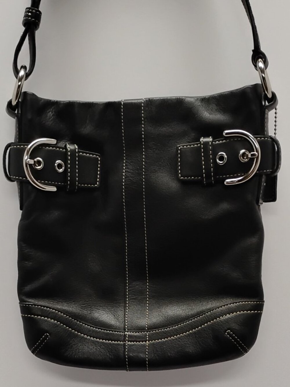 Coach Soho Shoulder Bag Black Leather White Contrast Stitch Y2K 2005